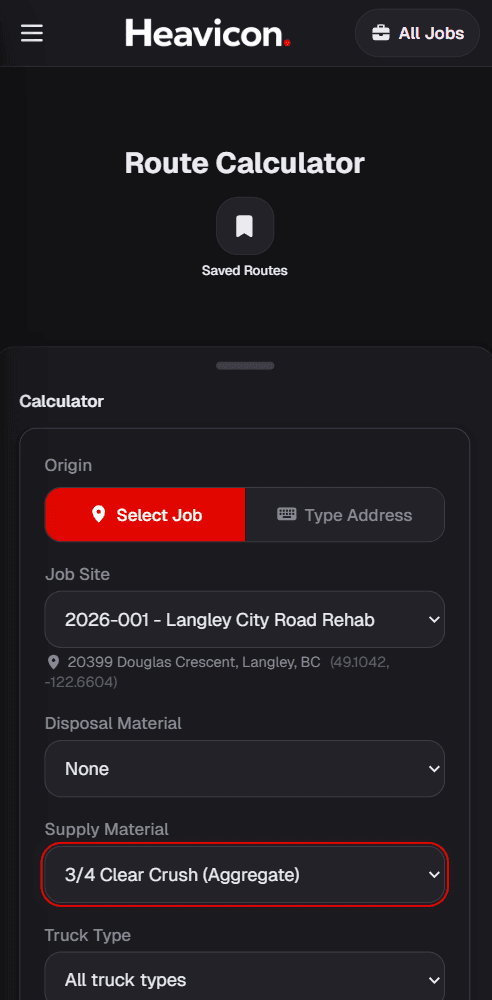 Heavicon route calculator on a phone, with a Langley job site selected