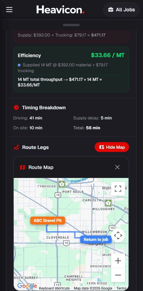 Heavicon route map on a phone, showing cost per tonne and the drive from a gravel pit to the job
